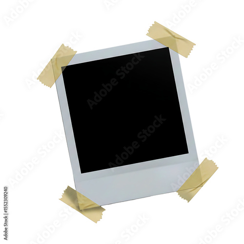 A blank Polaroid-style photo frame mockup taped at the corners