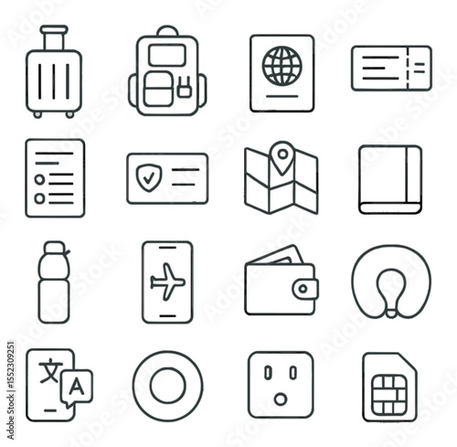 Travel essentials icons in minimalistic line art : rolling suitcase, backpack with tech, international passport, boarding pass, travel itinerary sheet, travel insurance card, digital map, pocket