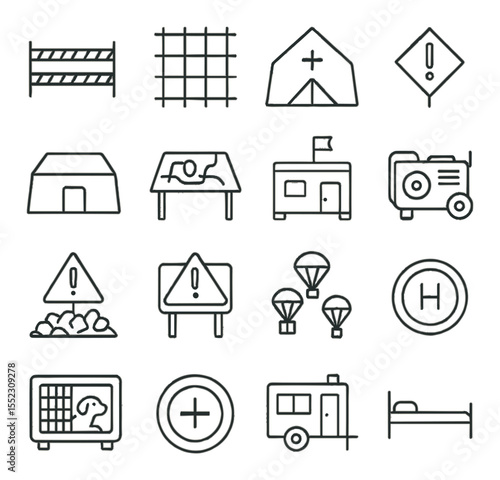 Search and rescue emergency zones icons in minimalistic line art : disaster area perimeter tape, search zone grid, triage tent icon, safety staging area, field operations tent, coordination
