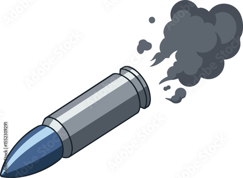 Bullet with smoke illustration showing projectile after firing in simple vector style 