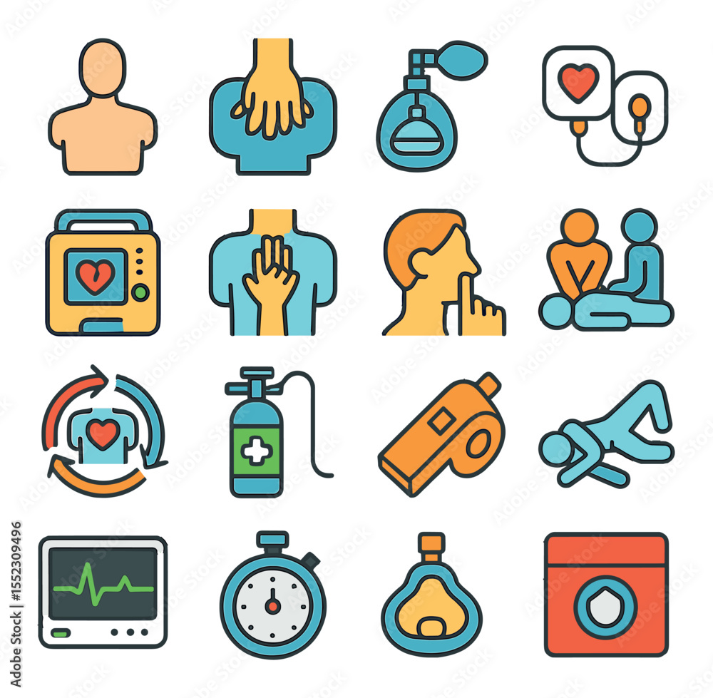Fototapeta premium CPR and resuscitation tools icons in modern flat vector in minimalistic vibrant color design: CPR training dummy, chest compression icon, rescue breathing mask, defibrillator pads, AED machine,