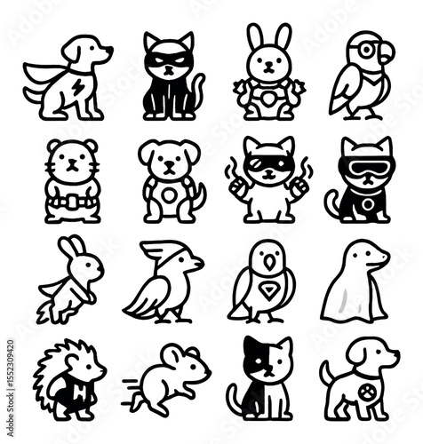 Superhero-themed costumes icons in minimalistic line art : dog in cape with lightning bolt, cat in stealth suit and mask, bunny in power armor, parrot in flight suit with goggles, hamster with
