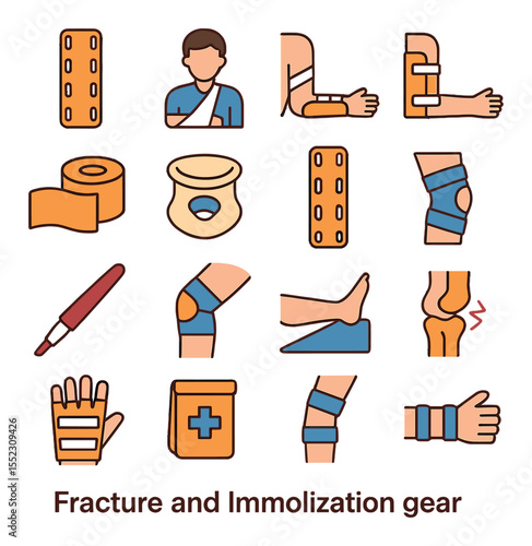 Fracture and immobilization gear icons in modern flat vector in minimalistic vibrant color design: splint board, sling triangle cloth, rigid arm splint, foam padded splint, immobilization tape,