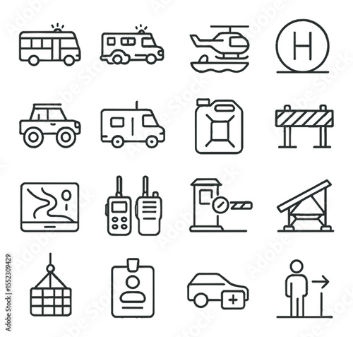 Transportation for evacuation icons in minimalistic line art : evacuation bus, emergency vehicle convoy, rescue boat, helicopter landing zone, all-terrain vehicle icon, mobile command truck,