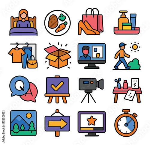 Vlog content types icons in modern flat vector in minimalistic vibrant color design: morning routine scene, meal prep plate, shopping haul display, skincare routine tray, outfit of the day rack