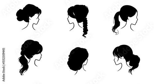 Hair styling examples showcase women's silhouettes with various updos, ponytails, and formal hairstyles in a monochrome vector.