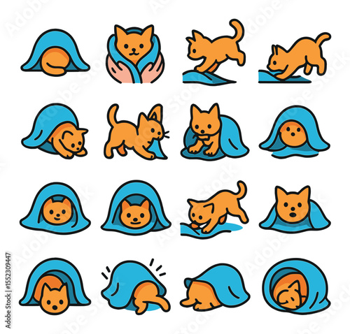 Blanket interaction moments icons in modern flat vector in minimalistic vibrant color design: cat burrowing into blanket, cat being wrapped by human hands, cat pawing at blanket edge, cat