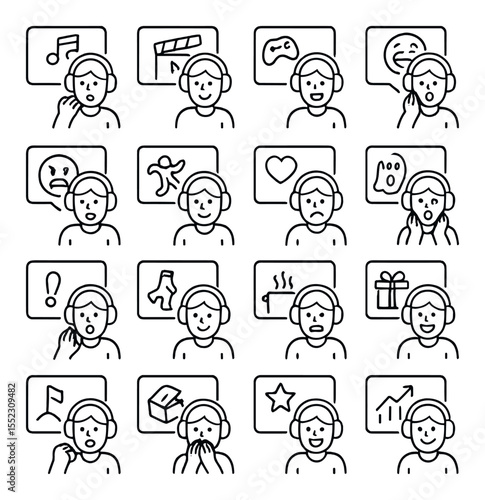 Types of content reactions icons in minimalistic line art : reacting to music video, reacting to movie scene, reacting to game clip, reacting to meme compilation, reacting to cringe moment,
