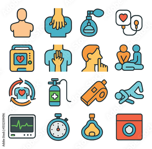 CPR and resuscitation tools icons in modern flat vector in minimalistic vibrant color design: CPR training dummy, chest compression icon, rescue breathing mask, defibrillator pads, AED machine,