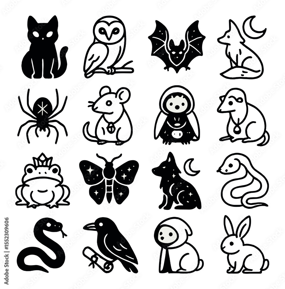 Nocturnal witch familiars icons in minimalistic line art : black cat with glowing eyes, barn owl on branch, bat with open wings, fox with moonlit fur, spider with rune on back, rat with crystal Nocturnal witch familiars icons in minimalistic line art : black cat with glowing eyes, barn owl on branch, bat with open wings, fox with moonlit fur, spider with rune on back, rat with crystal