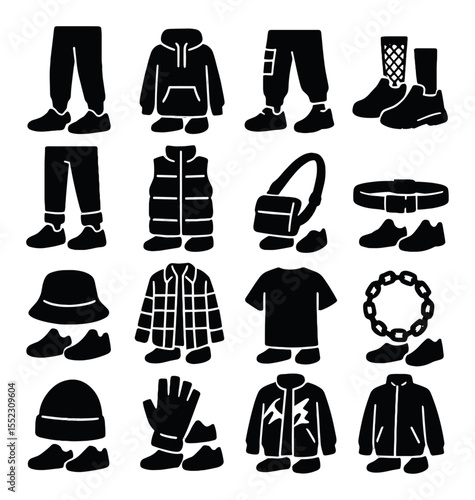 Streetwear sneaker pairings icons in silhouette solid black-filled shapes with clean, simple : jogger pants, oversized hoodie, street- cargo pants, mesh socks, cuffed denim, puffer vest,