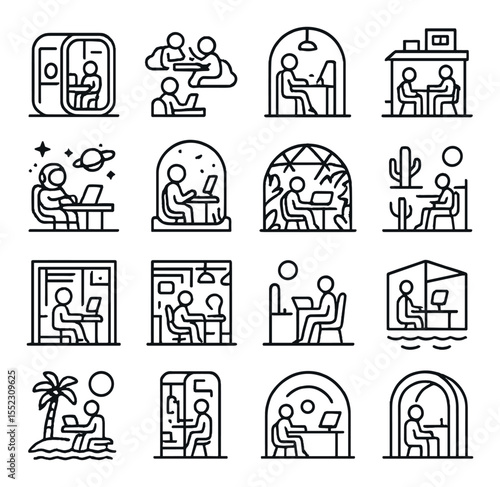 Metaverse coworking environments icons in minimalistic line art : digital office pod, cloud-based team space, avatar cafe booth, rooftop workspace hub, space-themed work zone, underwater work
