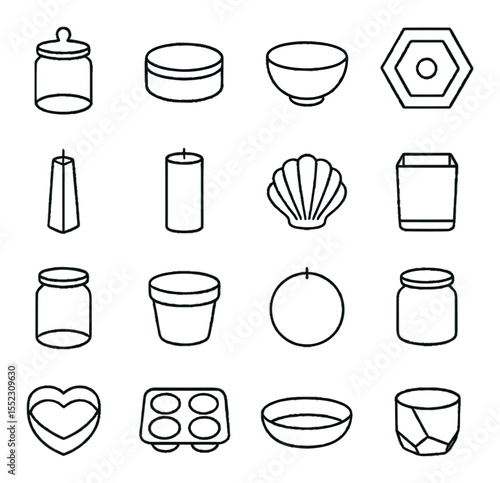 Candle vessel and mold s icons in minimalistic line art : glass jar with lid, tin container, ceramic bowl, hexagon silicone mold, classic taper mold, pillar mold tube, shell-shaped mold, square