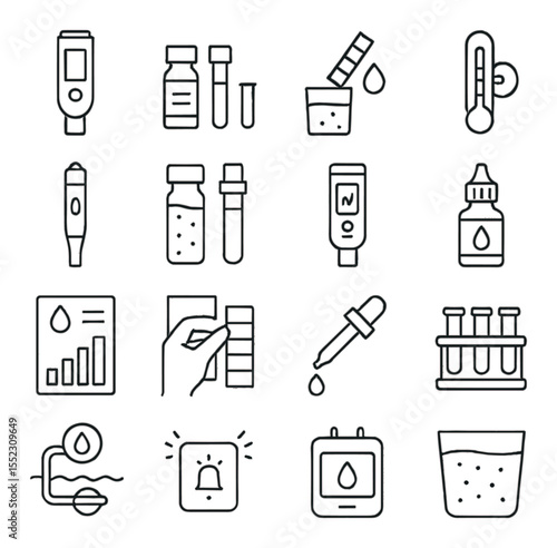 Water quality tools icons in minimalistic line art : digital water tester, pH level kit, ammonia test strip, nitrate checker, thermometer suction cup, salinity meter, water hardness vial, TDS
