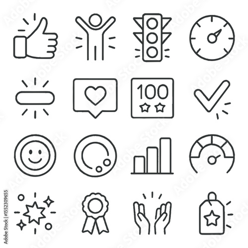 Motivational feedback icons in minimalistic line art : well-done thumbs-up, animated cheer icon, green success light, feedback meter dial, virtual applause burst, appreciation message card, high