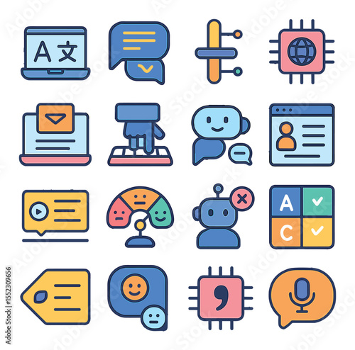 AI in communication icons in modern flat vector in minimalistic vibrant color design: AI translator screen, smart transcription bubble, tone adjustment tool, language detection chip, email