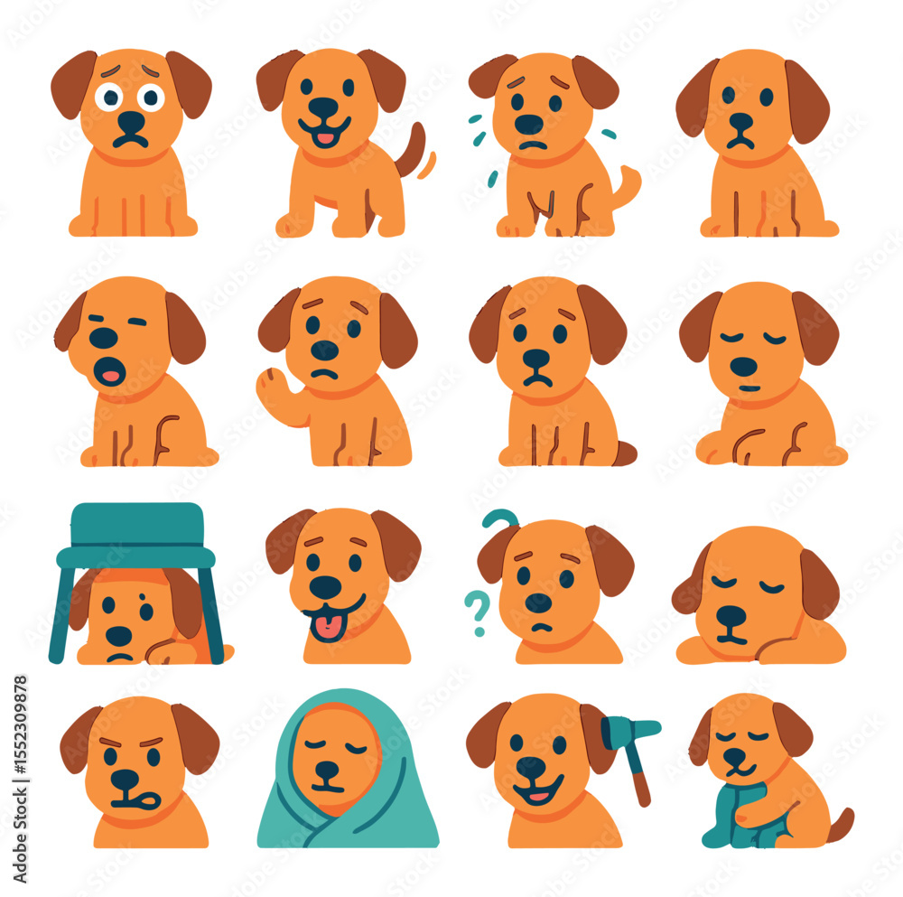 Canine emotions at the vet icons in modern flat vector in minimalistic vibrant color design: anxious dog with wide eyes, happy tail-wagging dog, shaking scared pup, curious head tilt, relaxed Canine emotions at the vet icons in modern flat vector in minimalistic vibrant color design: anxious dog with wide eyes, happy tail-wagging dog, shaking scared pup, curious head tilt, relaxed