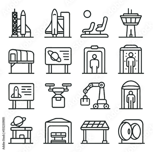 Spaceport terminals icons in minimalistic line art : vertical launch pad, shuttle boarding gate, zero-gravity lounge, spaceport control hub, boarding bridge tube, orbital departure map, customs