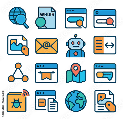 Reconnaissance tools icons in modern flat vector in minimalistic vibrant color design: domain info scanner, WHOIS lookup file, subdomain finder tool, OSINT search panel, metadata extractor,