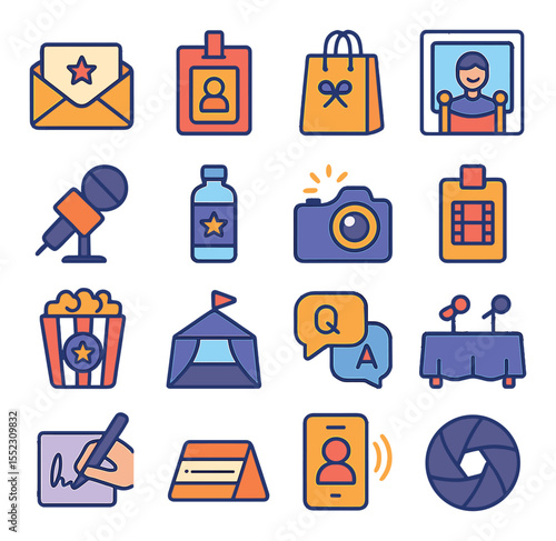 Guest and press experience icons in modern flat vector in minimalistic vibrant color design: invitation card, press badge with clip, welcome gift bag, red carpet selfie frame, press conference