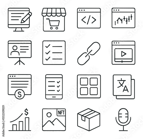 Flexible income streams icons in minimalistic line art : freelance writing screen, e-commerce storefront, remote coding window, stock trading dashboard, online teaching board, virtual assistant