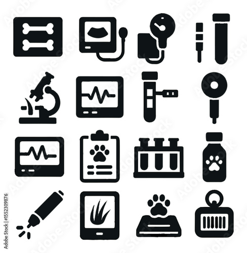 Diagnostic tools icons in silhouette solid black-filled shapes with clean, simple : X-ray image with dog bones, ultrasound scanner, blood pressure cuff for pets, sample collection tube,
