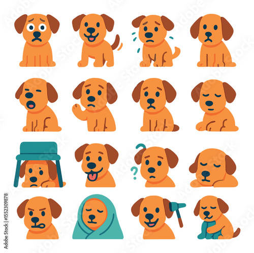 Canine emotions at the vet icons in modern flat vector in minimalistic vibrant color design: anxious dog with wide eyes, happy tail-wagging dog, shaking scared pup, curious head tilt, relaxed