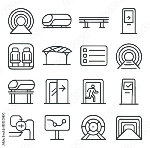 Hyperloop stations icons in minimalistic line art : vacuum tube entrance, passenger pod, magnetic rail track, boarding gate scanner, capsule seating layout, terminal roof structure, real-time