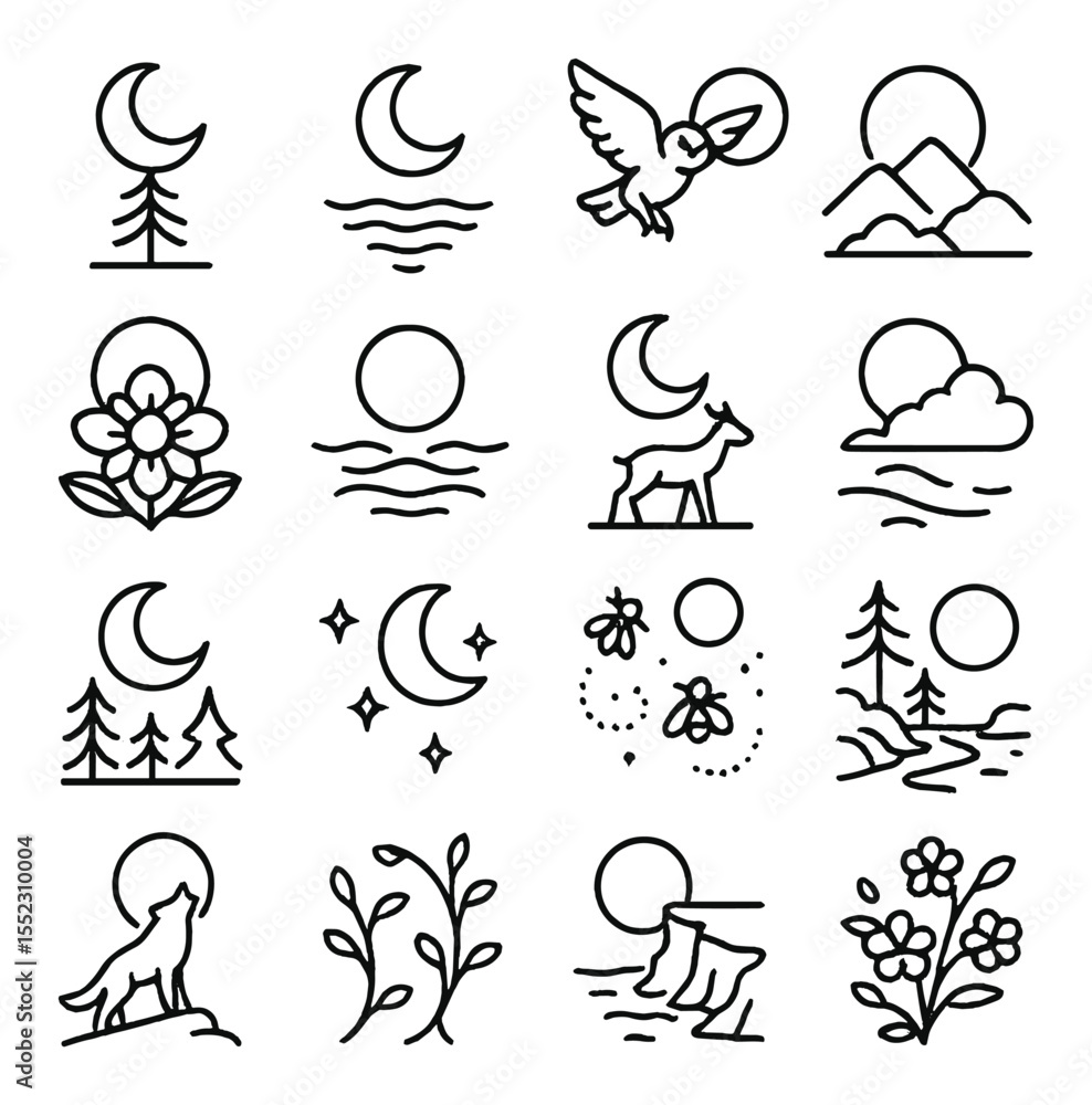 Naklejka premium Moon and nature connections icons in minimalistic line art : crescent above tree, moon reflecting in water, owl flying past moon, moonlit mountain, full moon in flower bloom, mist under moon,