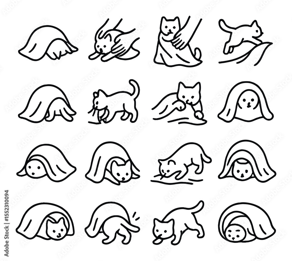 Fototapeta premium Blanket interaction moments icons in minimalistic line art : cat burrowing into blanket, cat being wrapped by human hands, cat pawing at blanket edge, cat jumping into fold, cat climbing under