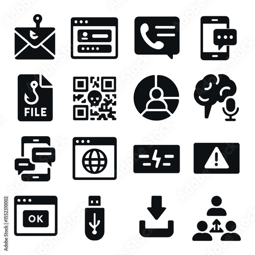 Social engineering tools icons in silhouette solid black-filled shapes with clean, simple : phishing email template, fake login form, spoofed caller ID box, SMS spoof panel, link shortening