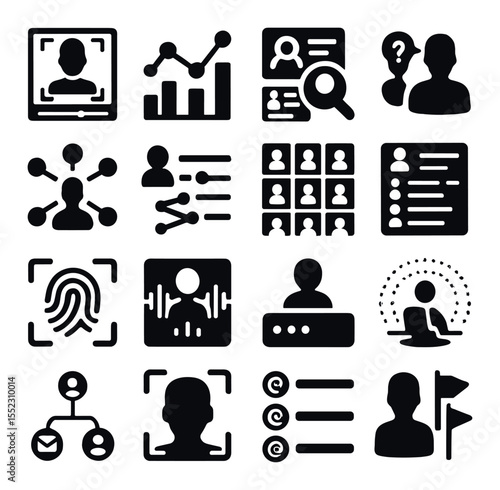 Identity and profile analysis icons in silhouette solid black-filled shapes with clean, simple : avatar reconstruction panel, behavioral pattern chart, social media profile scan, fake persona