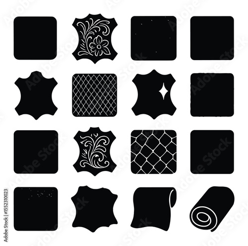 Leather types and textures icons in silhouette solid black-filled shapes with clean, simple : smooth veg-tan piece, embossed floral pattern, pebbled leather sheet, suede square, dyed full grain