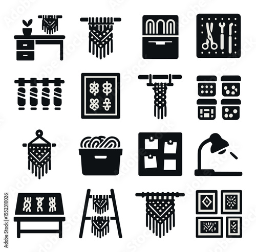 Macramé workspace and display icons in silhouette solid black-filled shapes with clean, simple : crafting desk setup, hanging project in progress, color-sorted cord drawer, pegboard with tools,