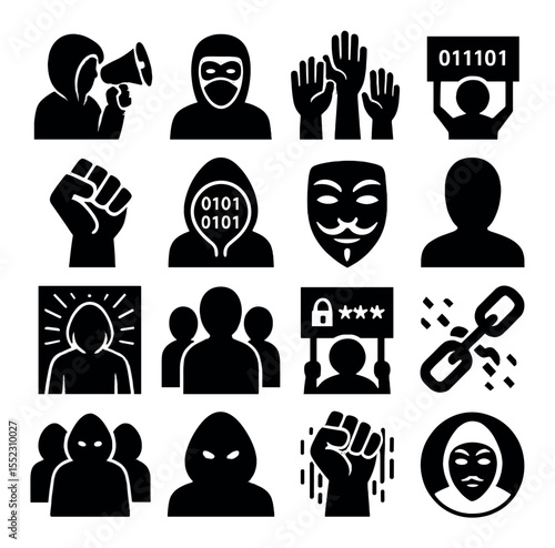 Cyber protest visuals icons in silhouette solid black-filled shapes with clean, simple : hooded speaker with megaphone, masked protester icon, anonymous hands raised, figure with banner and