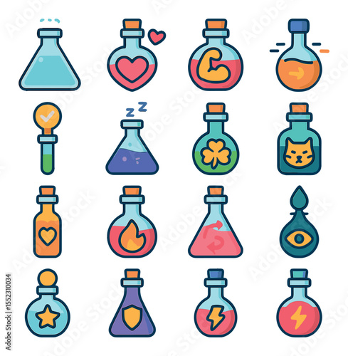 Effect-based potions icons in modern flat vector in minimalistic vibrant color design: invisibility elixir, love potion, strength tonic, speed draught, truth serum, sleep mist, luck essence,