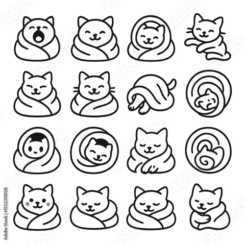 Cozy blanket moods icons in minimalistic line art : cat yawning in blanket, cat sleeping with one eye open, cat smiling under covers, cat stretching inside wrap, cat blinking lazily, cat purring