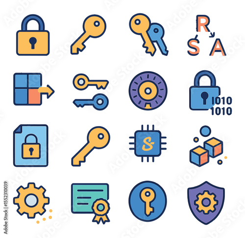Encryption keys and algorithms icons in modern flat vector in minimalistic vibrant color design: padlock with keyhole, symmetric key icon, asymmetric key pair, RSA algorithm symbol, AES block