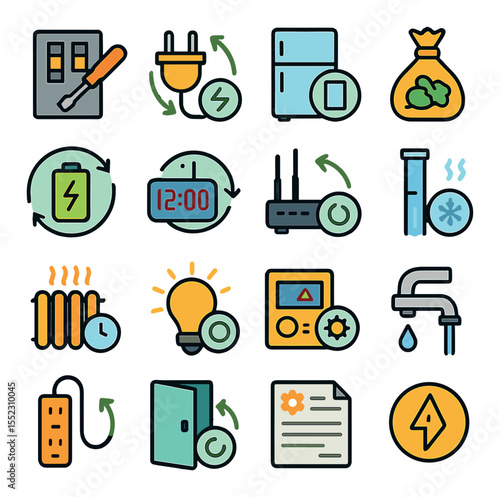 Post-outage reset checklist icons in modern flat vector in minimalistic vibrant color design: circuit breaker reset tool, appliance power check, refrigerator inspection icon, spoiled food bag,