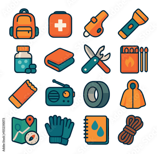 Basic survival kit contents icons in modern flat vector in minimalistic vibrant color design: survival backpack, first aid pouch, emergency whistle, LED flashlight, water purification tablets,