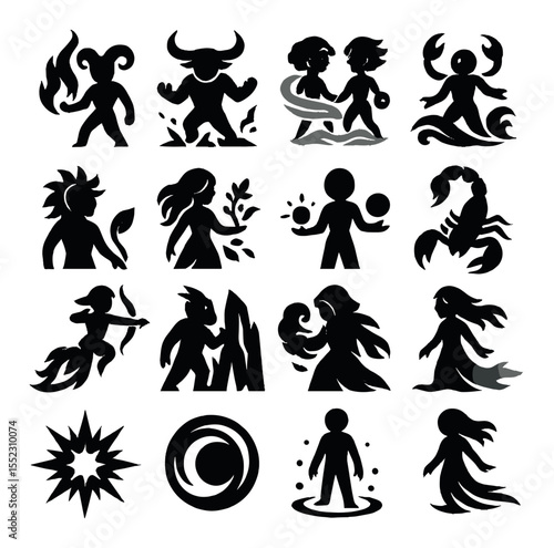 Zodiac characters as elemental avatars icons in silhouette solid black-filled shapes with clean, simple : Aries flame bender, Taurus earth shaker, Gemini wind twins, Cancer tide caller, Leo sun