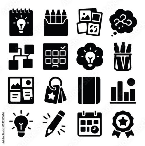 Creative productivity zone icons in silhouette solid black-filled shapes with clean, simple : sketchpad with ideas, colored pens pack, inspiration collage, doodled brainstorm, sticky mind map,