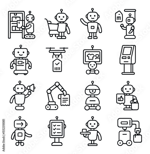 Retail robot assistant icons in minimalistic line art : shelf restocking robot, shopping guide bot, customer greeting robot, smart pricing scanner, robotic checkout unit, inventory update drone,