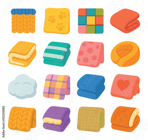 Blanket textures and s icons in modern flat vector in minimalistic vibrant color design: knitted wool wrap, fleece blanket with paw prints, quilted patchwork throw, velvet blanket fold,
