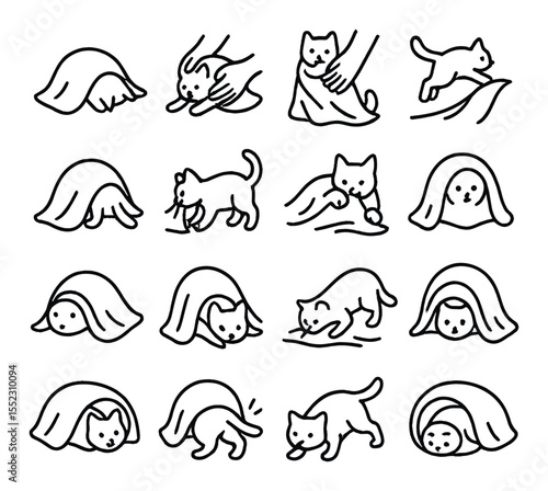 Blanket interaction moments icons in minimalistic line art : cat burrowing into blanket, cat being wrapped by human hands, cat pawing at blanket edge, cat jumping into fold, cat climbing under