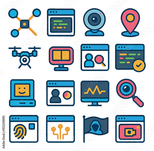 Surveillance and tracing tech icons in modern flat vector in minimalistic vibrant color design: IP trace route map, keystroke monitor feed, webcam hijack icon, geo-IP tag bubble, drone