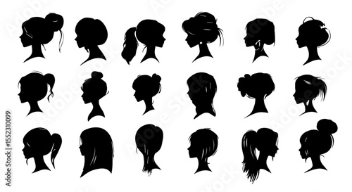 Collection of diverse woman hairstyle silhouettes, black hair style variations for beauty and fashion reference designs.