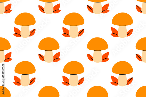 Repeating pattern featuring orange mushrooms with rounded caps, perfect for food packaging, textile prints, and forest-themed designs