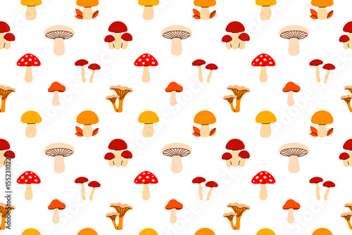Vector seamless pattern featuring a variety of wild forest mushrooms in different shapes and colors, ideal for kitchen and natural themes