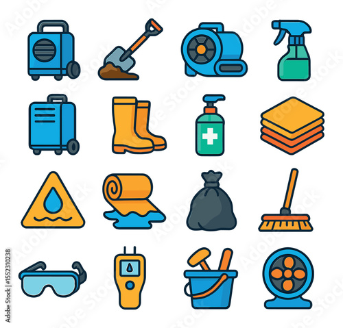 Post-flood cleanup tools icons in modern flat vector in minimalistic vibrant color design: wet vacuum unit, shovel with mud, drying fan machine, mold removal spray, dehumidifier box, rubber